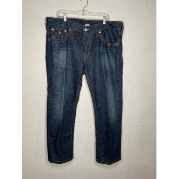 True Religion Billy Seat 34 Blue Stitching FlapPocket Straight Jeans Men Size 38 - Picture 8 of 14